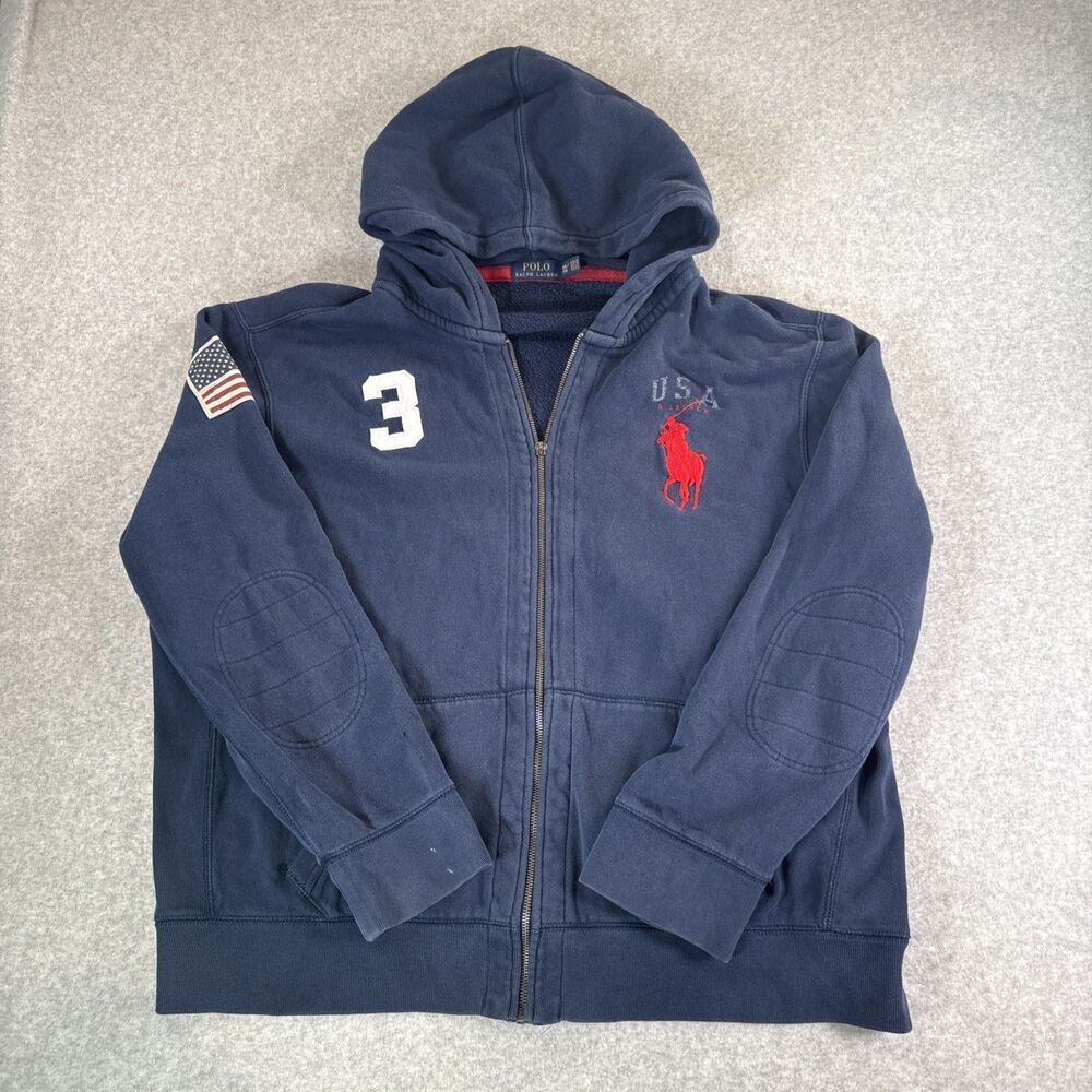 Polo Ralph Lauren Navy Blue Full Zip Hoodie USA Flag Big Pony Logo Mens XXL Worn